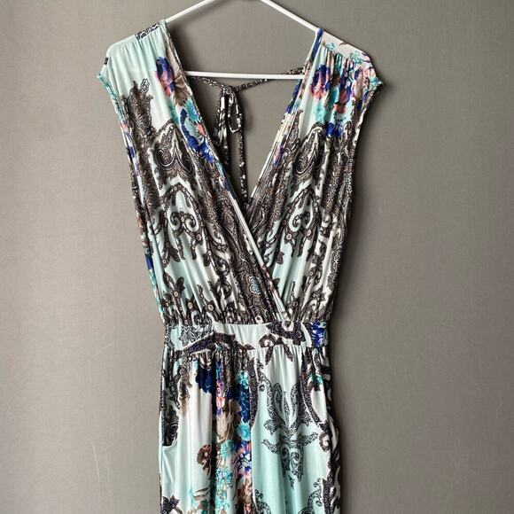 Adrienne sz S teal white deep plunge jumpsuit - Picture 2 of 11